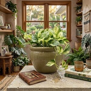Olive Green Woven Ceramic Planter with Drainage, 9-Inch Round Clay Pot